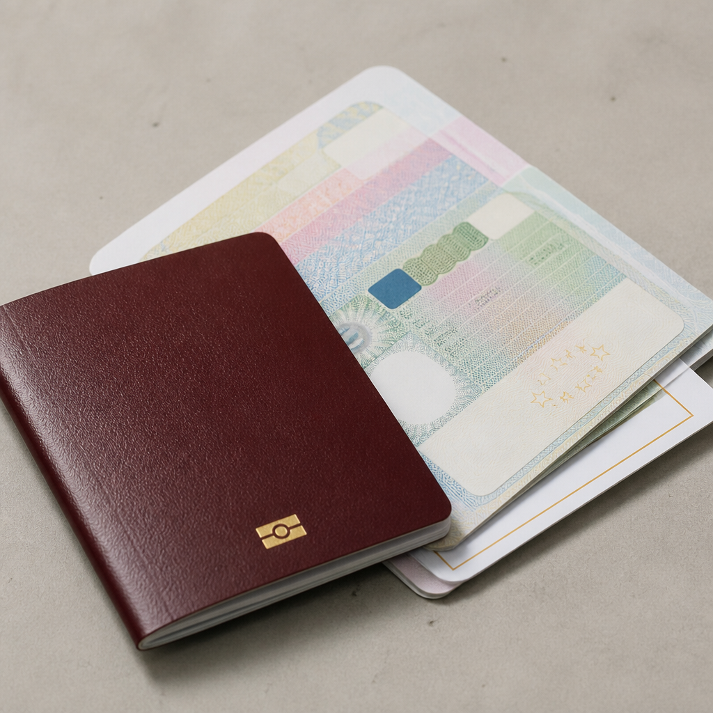 Hộ chiếu và các giấy tờ cần thiết để xin visa Schengen đặt trên bàn làm việc