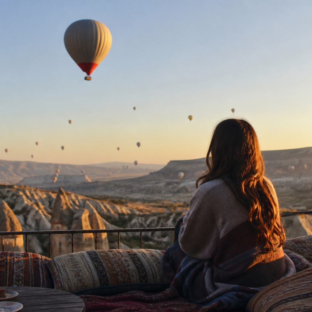 Khinh khí cầu bay trên thung lũng ở Cappadocia, minh họa kinh nghiệm du lịch thổ nhĩ kỳ tự túc 2026